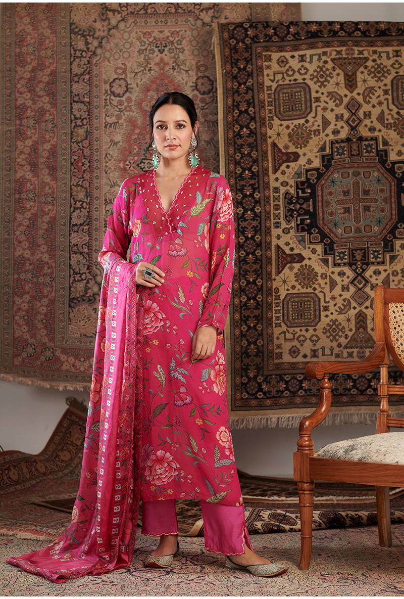 Hot Pink Floral Print Aalam Kurta Set