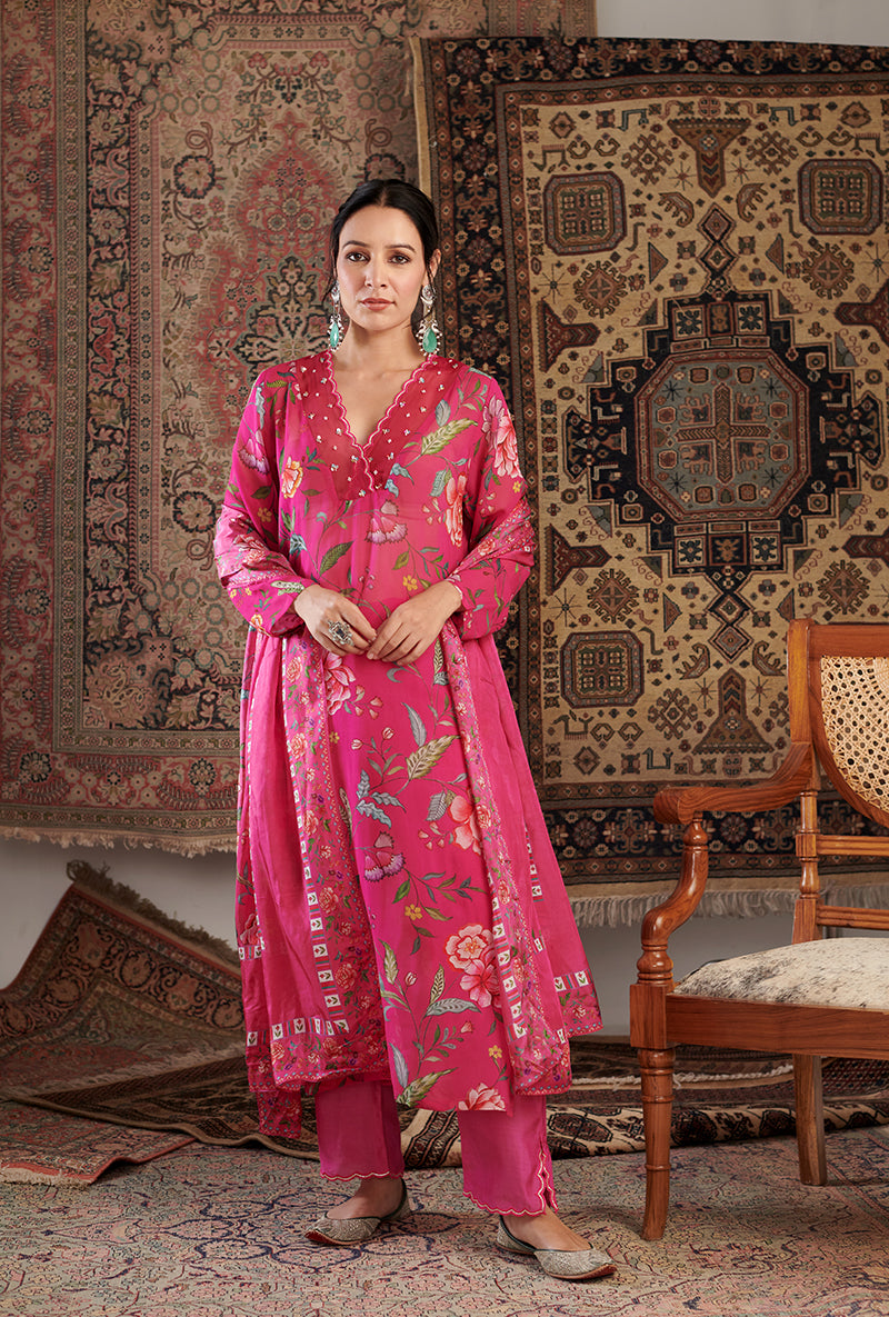 Hot Pink Floral Print Aalam Kurta Set