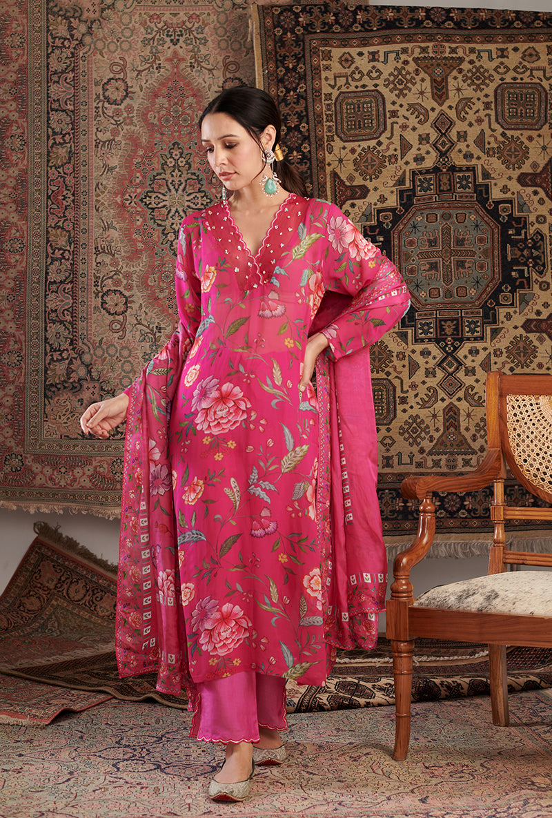 Hot Pink Floral Print Aalam Kurta Set