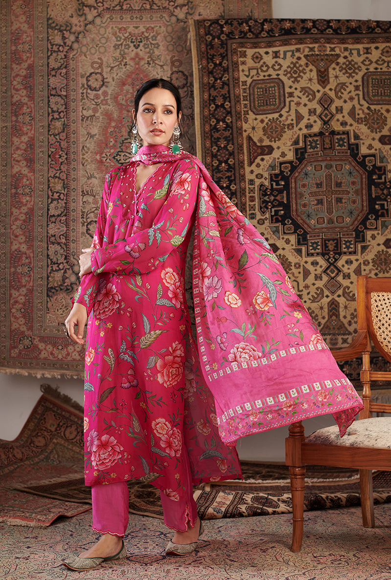 Hot Pink Floral Print Aalam Kurta Set