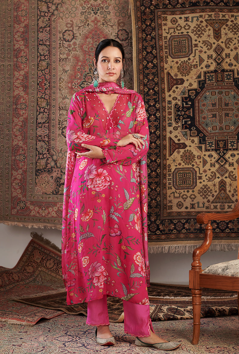 Hot Pink Floral Print Aalam Kurta Set