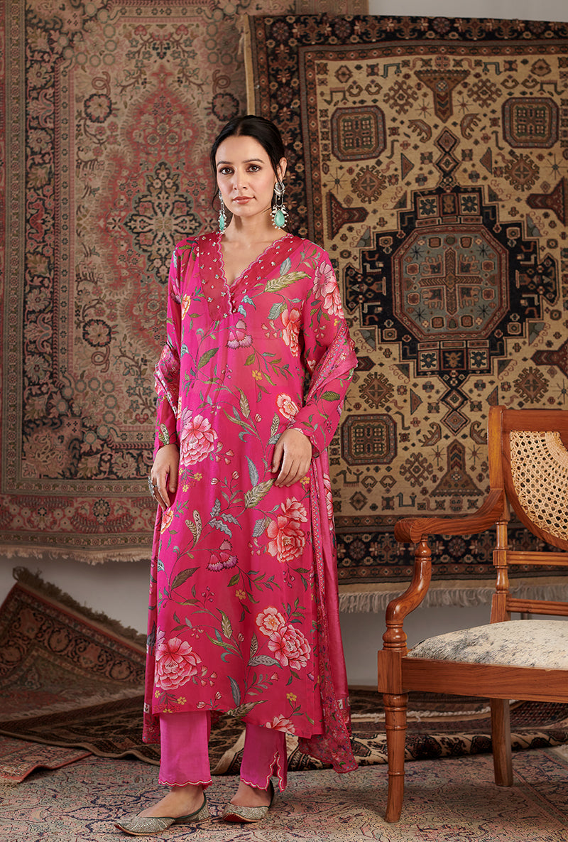 Hot Pink Floral Print Aalam Kurta Set