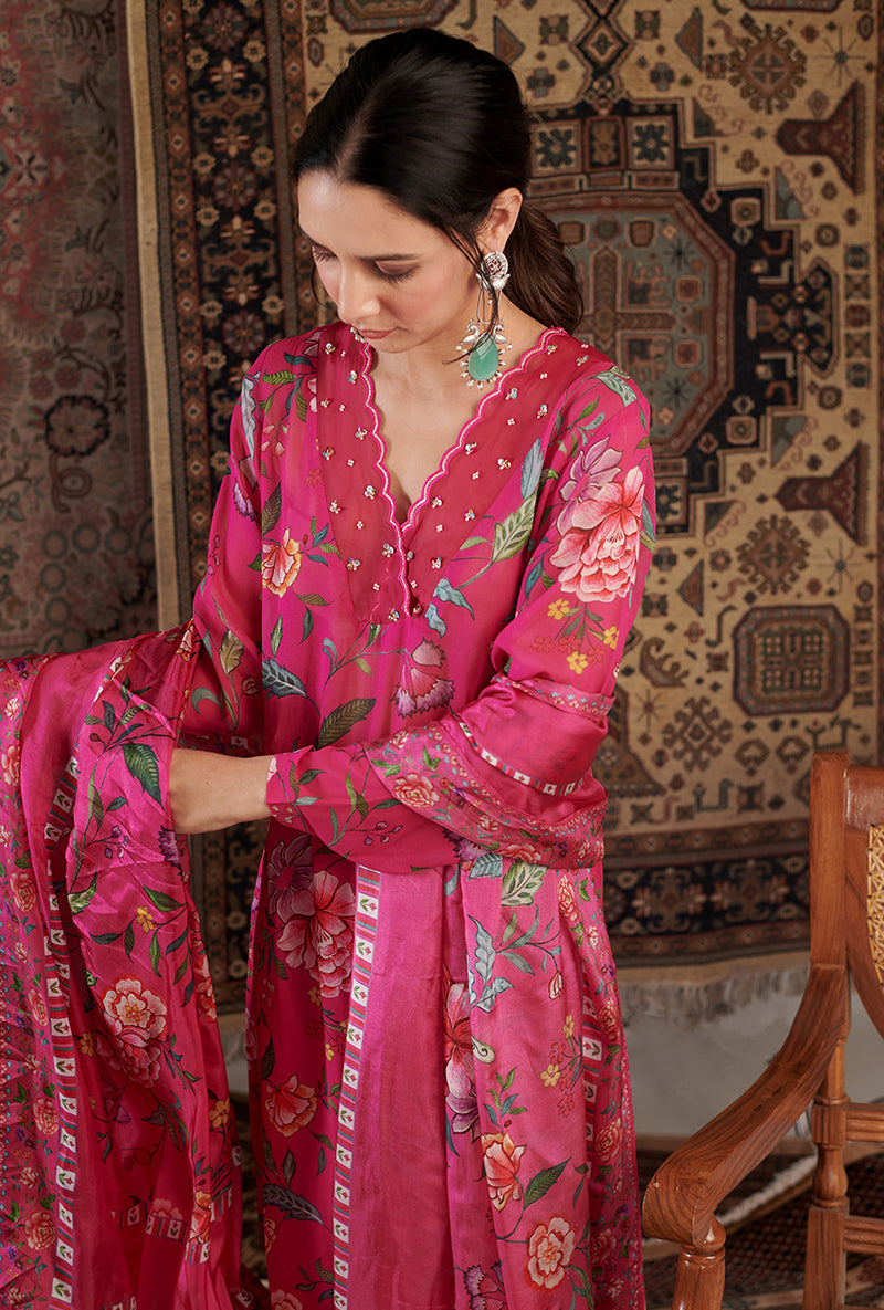 Hot Pink Floral Print Aalam Kurta Set