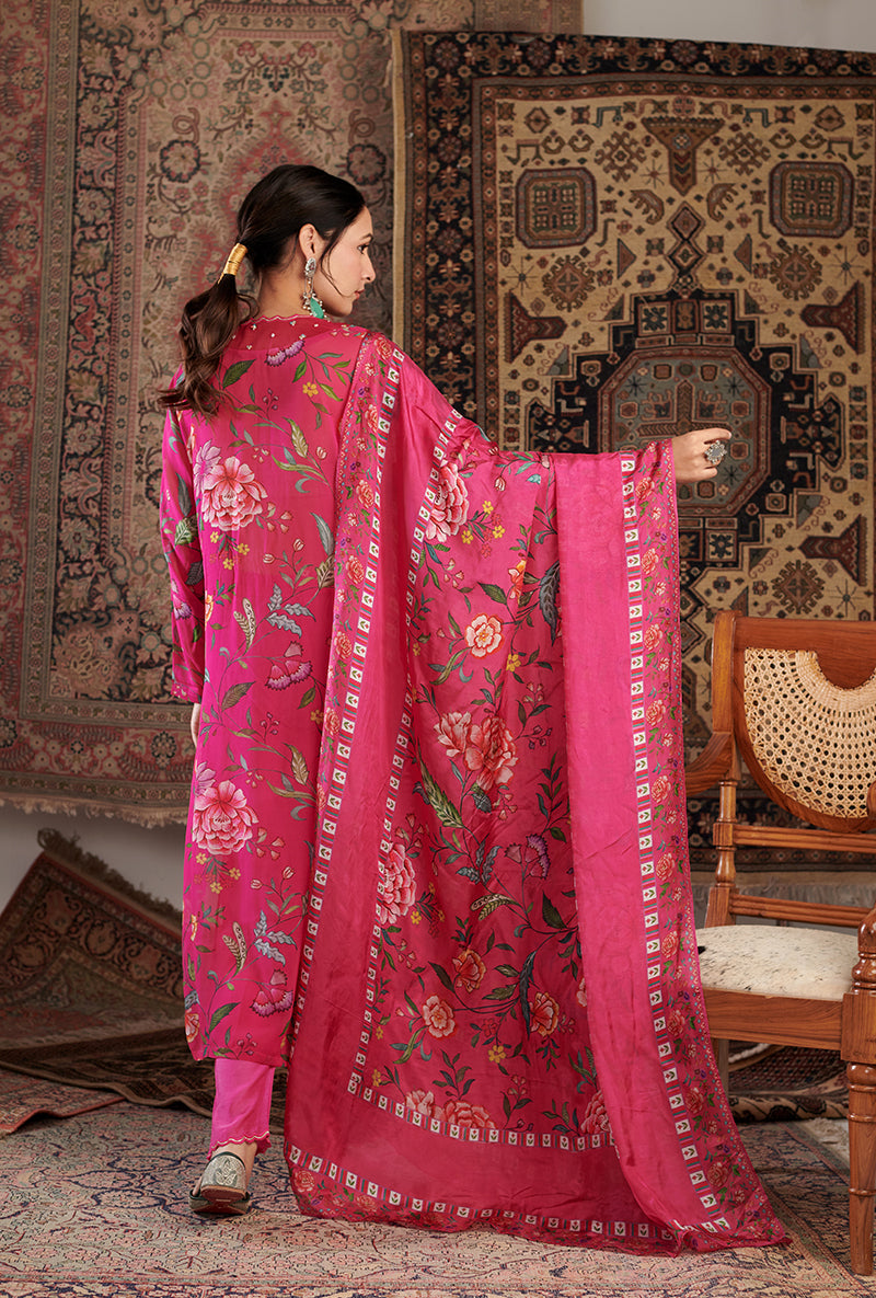 Hot Pink Floral Print Aalam Kurta Set
