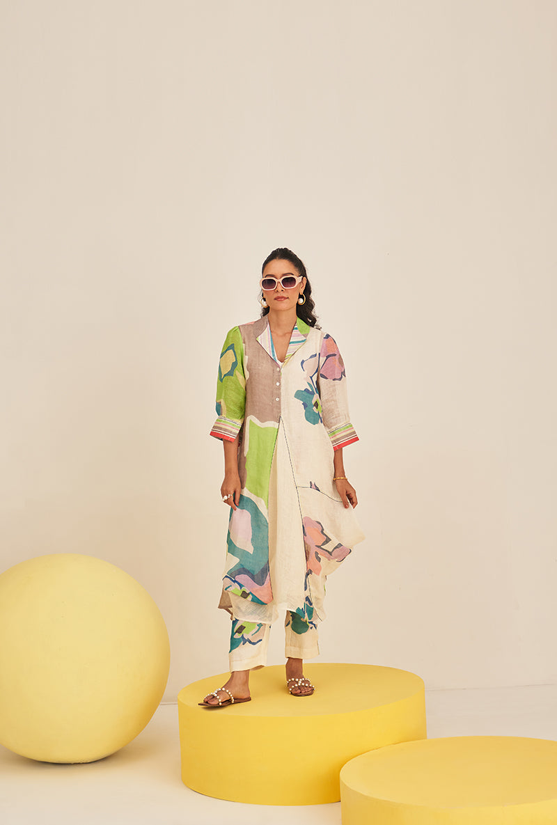 Lime Green Abstract Print Cowl Bella Kurta Set