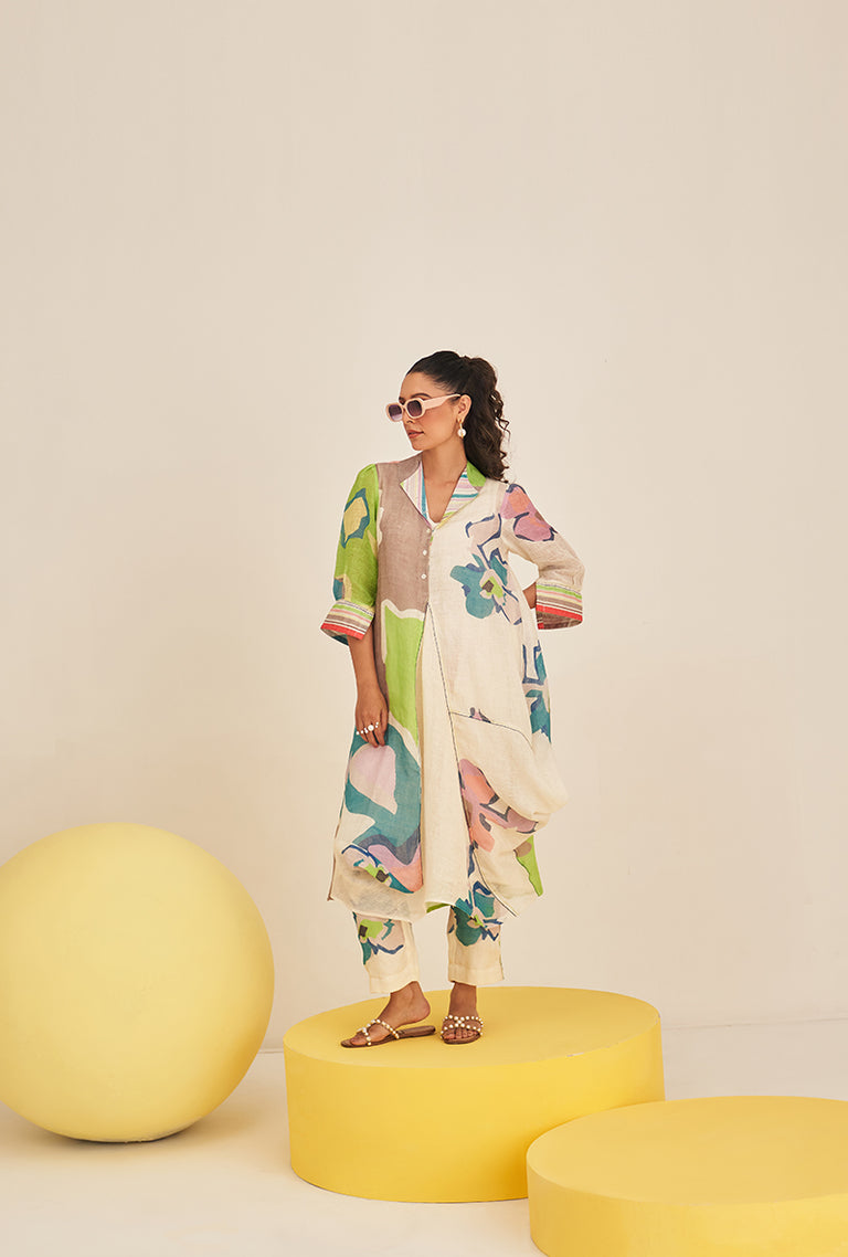 Lime Green Abstract Print Cowl Bella Kurta Set – Misri By Meghna Nayyar