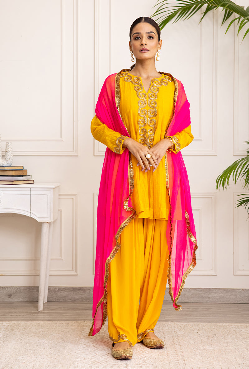 Mango Yellow Spiral Soha Salwar Set