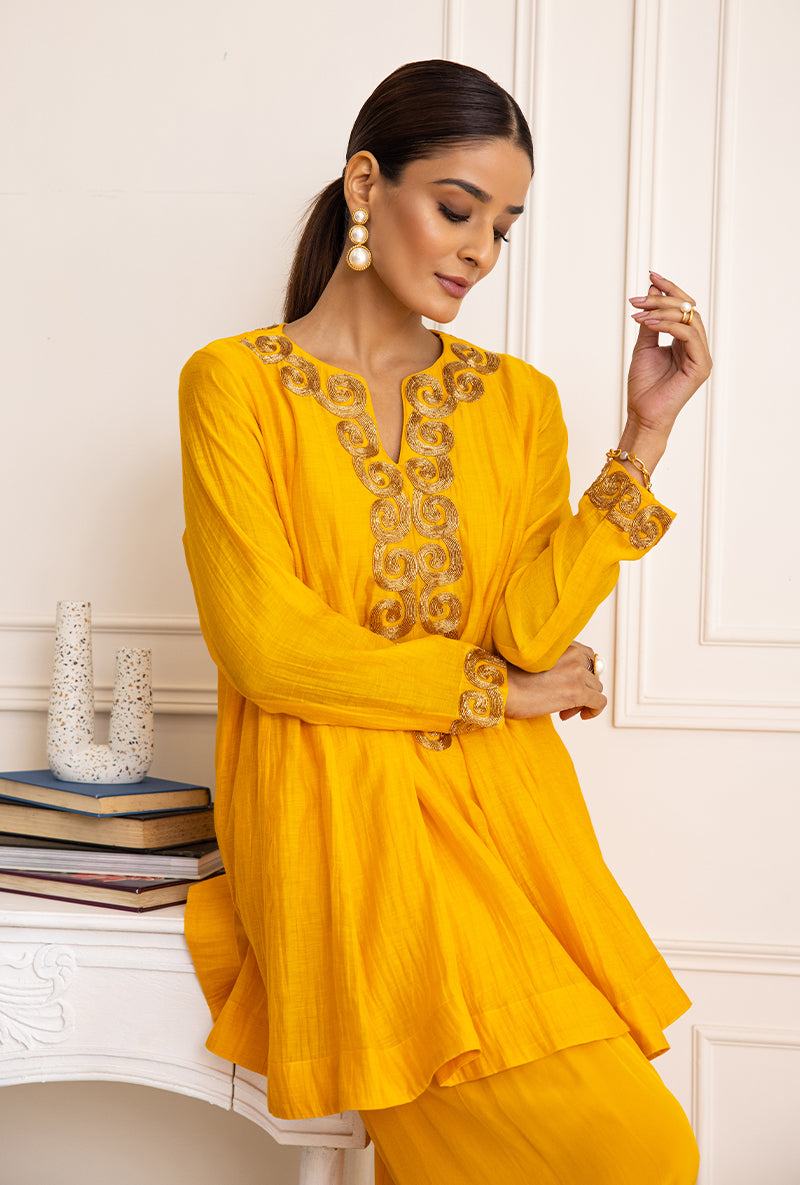 Mango Yellow Spiral Soha Salwar Set