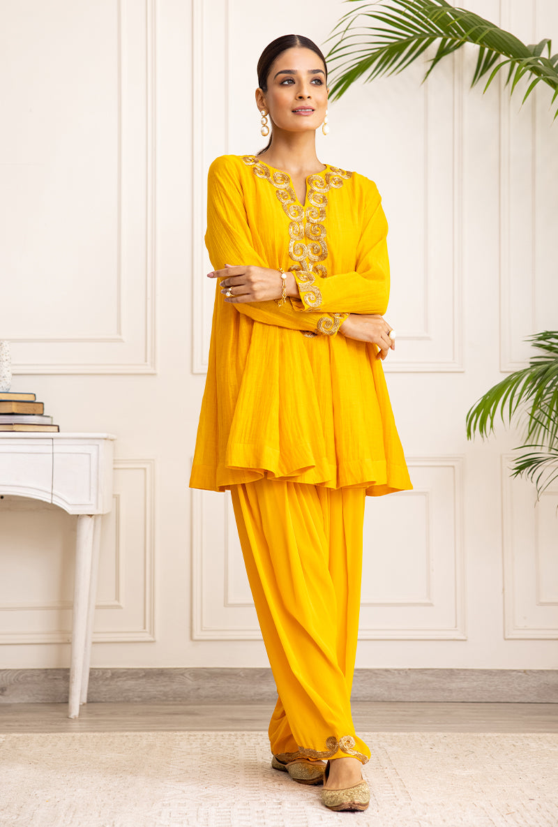 Mango Yellow Spiral Soha Salwar Set