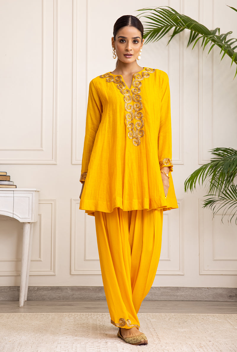 Mango Yellow Spiral Soha Salwar Set