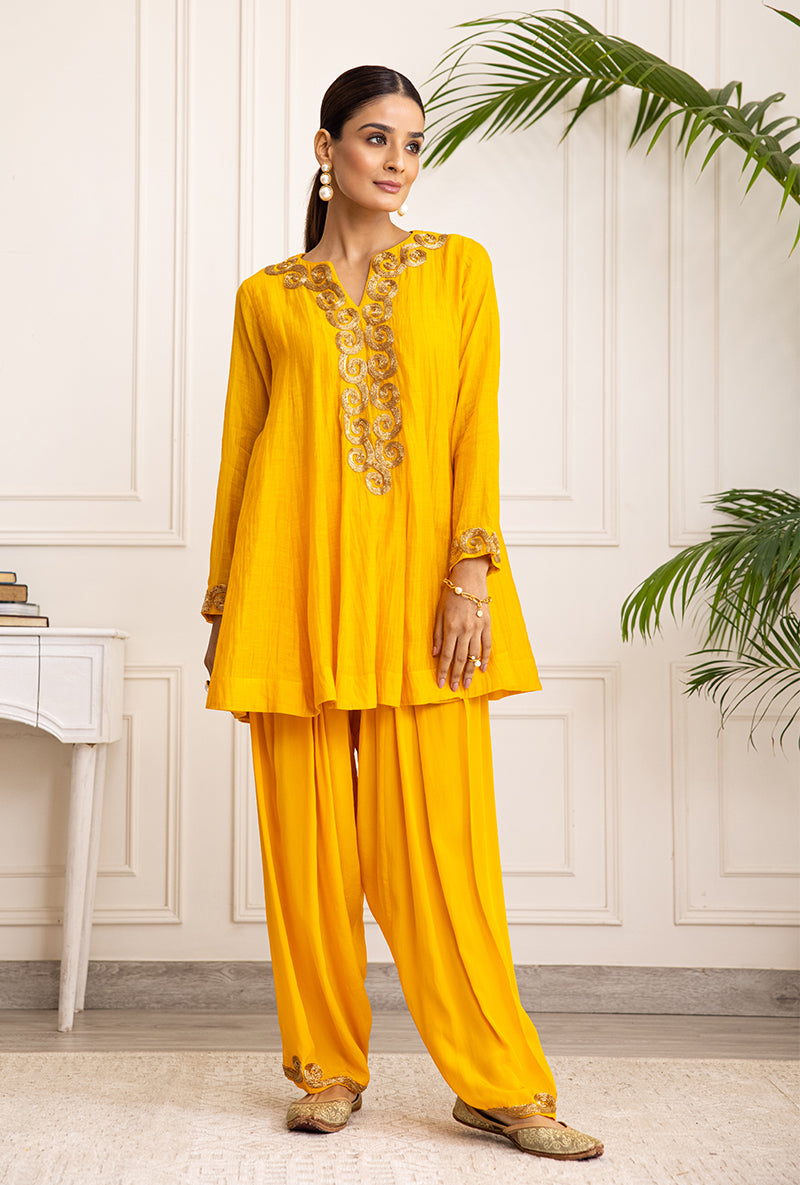 Mango Yellow Spiral Soha Salwar Set