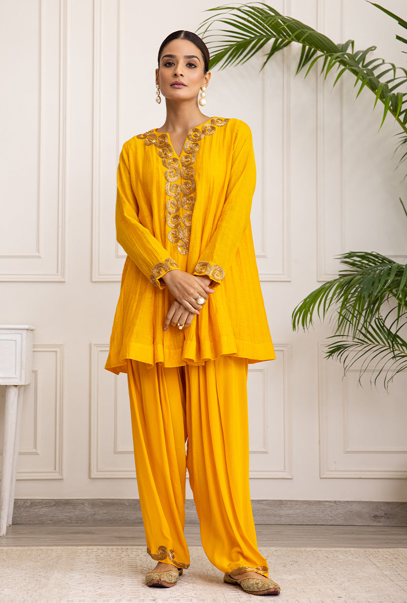 Mango Yellow Spiral Soha Salwar Set