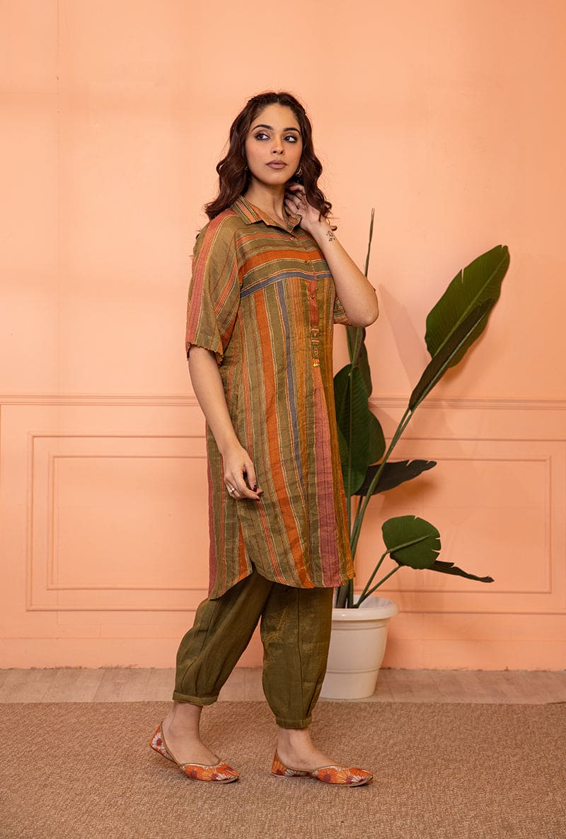 Mehendi Green Anti Fit Stripe Sia Kurta Set