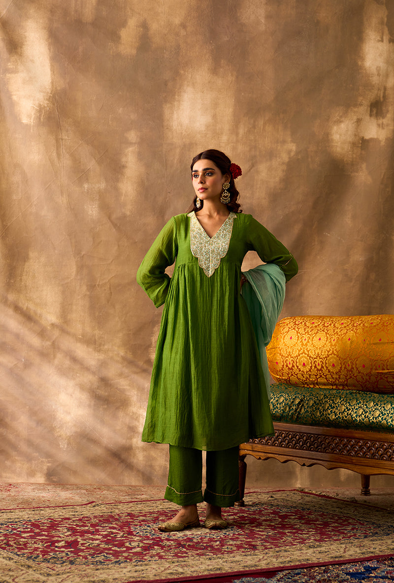 Olive Green Brocade Patch Khwaab Kurta Set