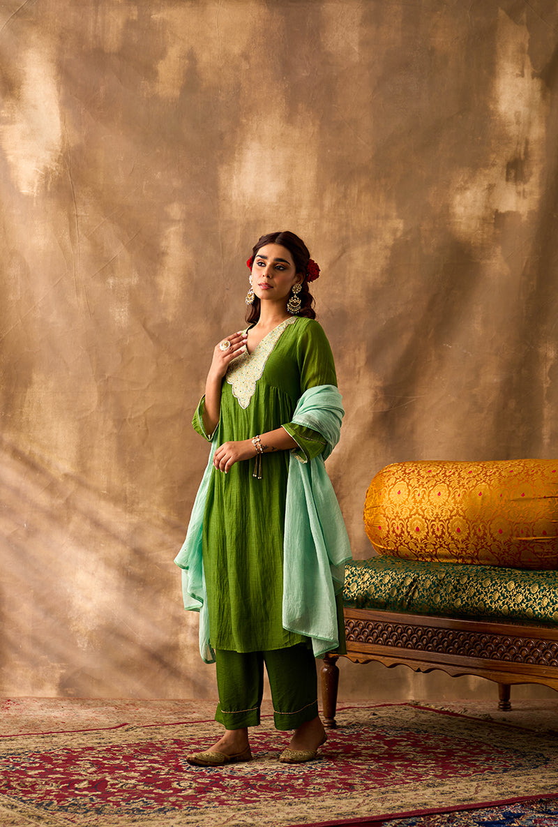 Olive Green Brocade Patch Khwaab Kurta Set