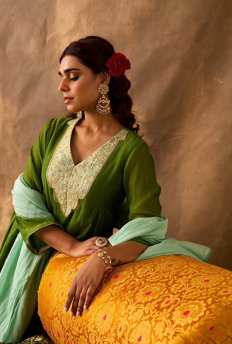Olive Green Brocade Patch Khwaab Kurta Set