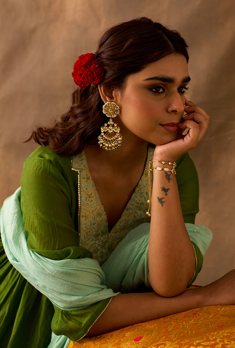 Olive Green Brocade Patch Khwaab Kurta Set