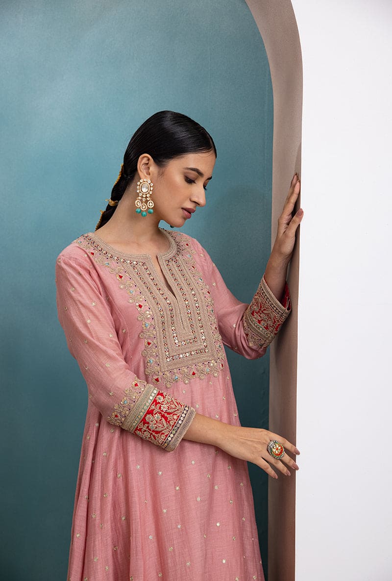 Pink Square Resham Yoke Raha Kurta Set