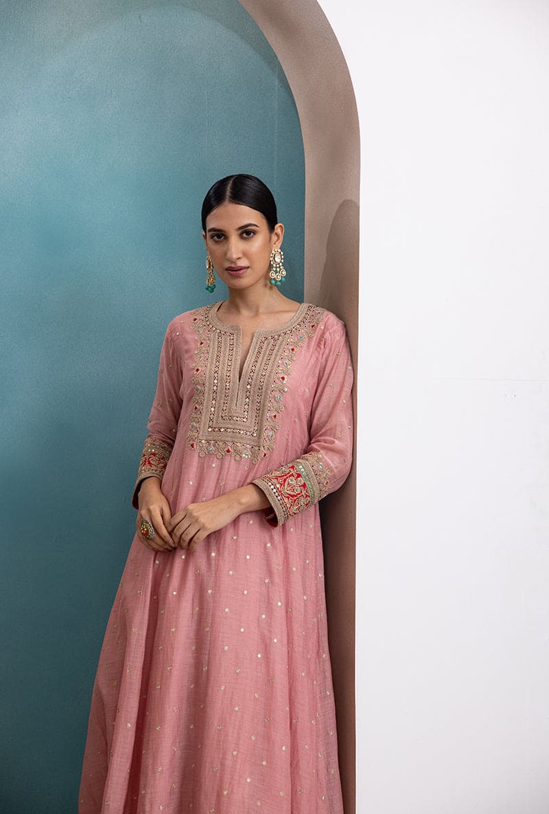 Pink Square Resham Yoke Raha Kurta Set