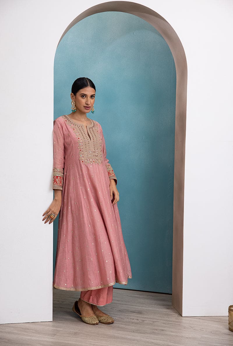 Pink Square Resham Yoke Raha Kurta Set