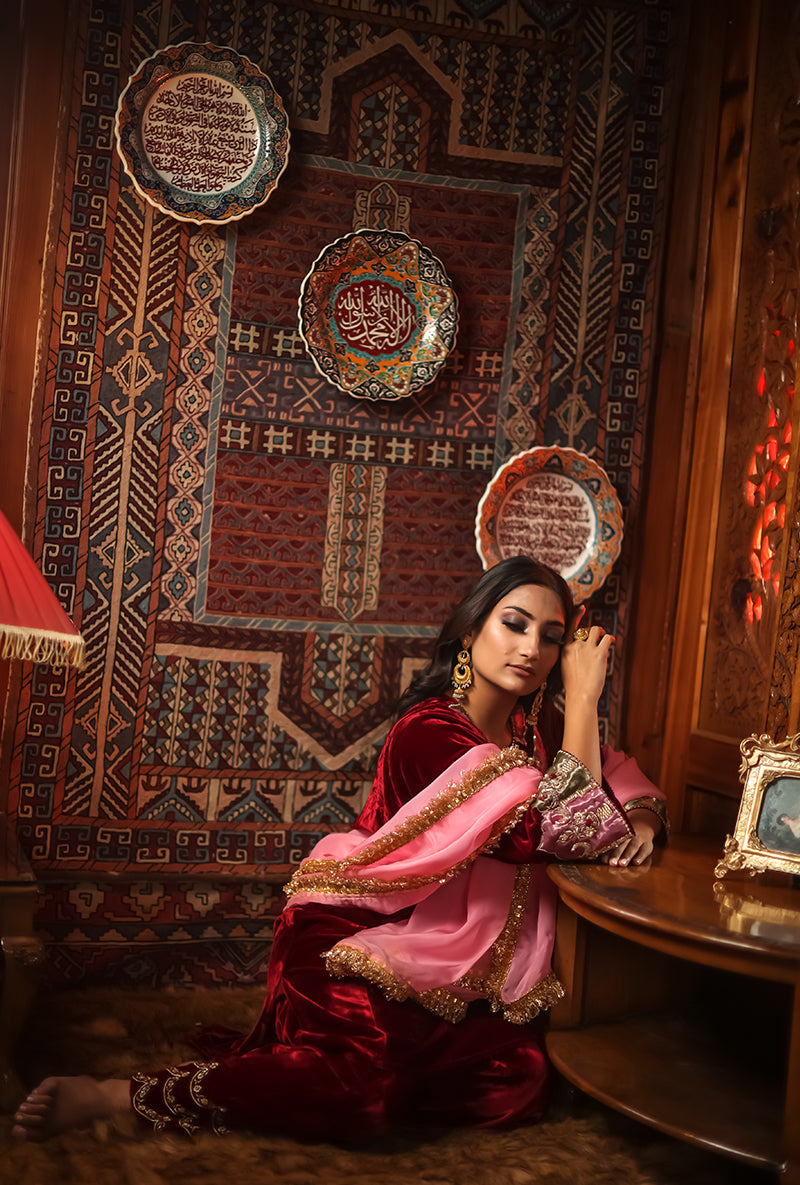 Red Silk Velvet Jannat Phiran Set