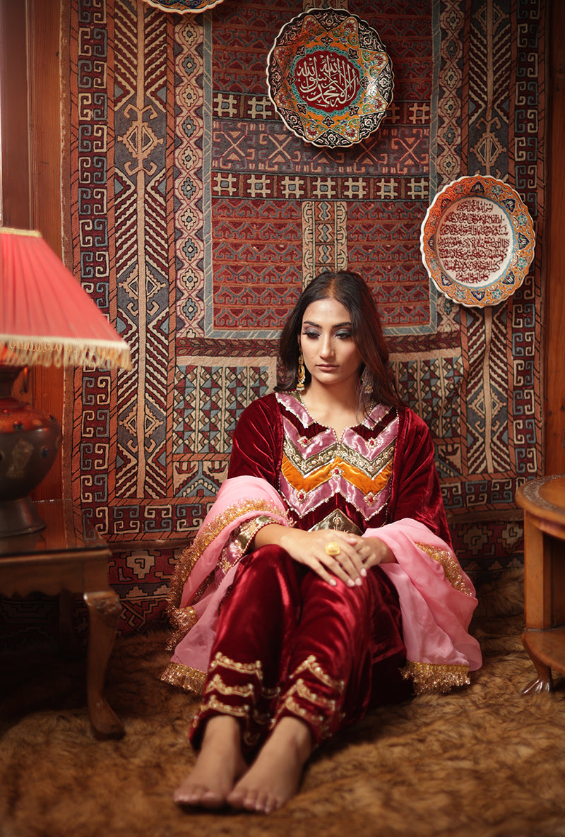 Red Silk Velvet Jannat Phiran Set