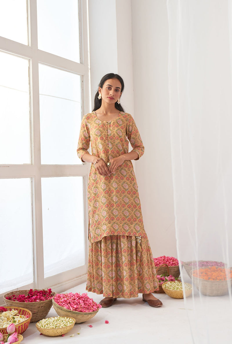 Yellow Printed Short Kurta Iris Gharara Set