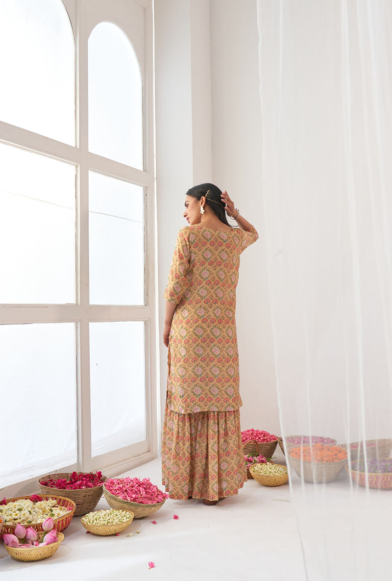 Yellow Printed Short Kurta Iris Gharara Set