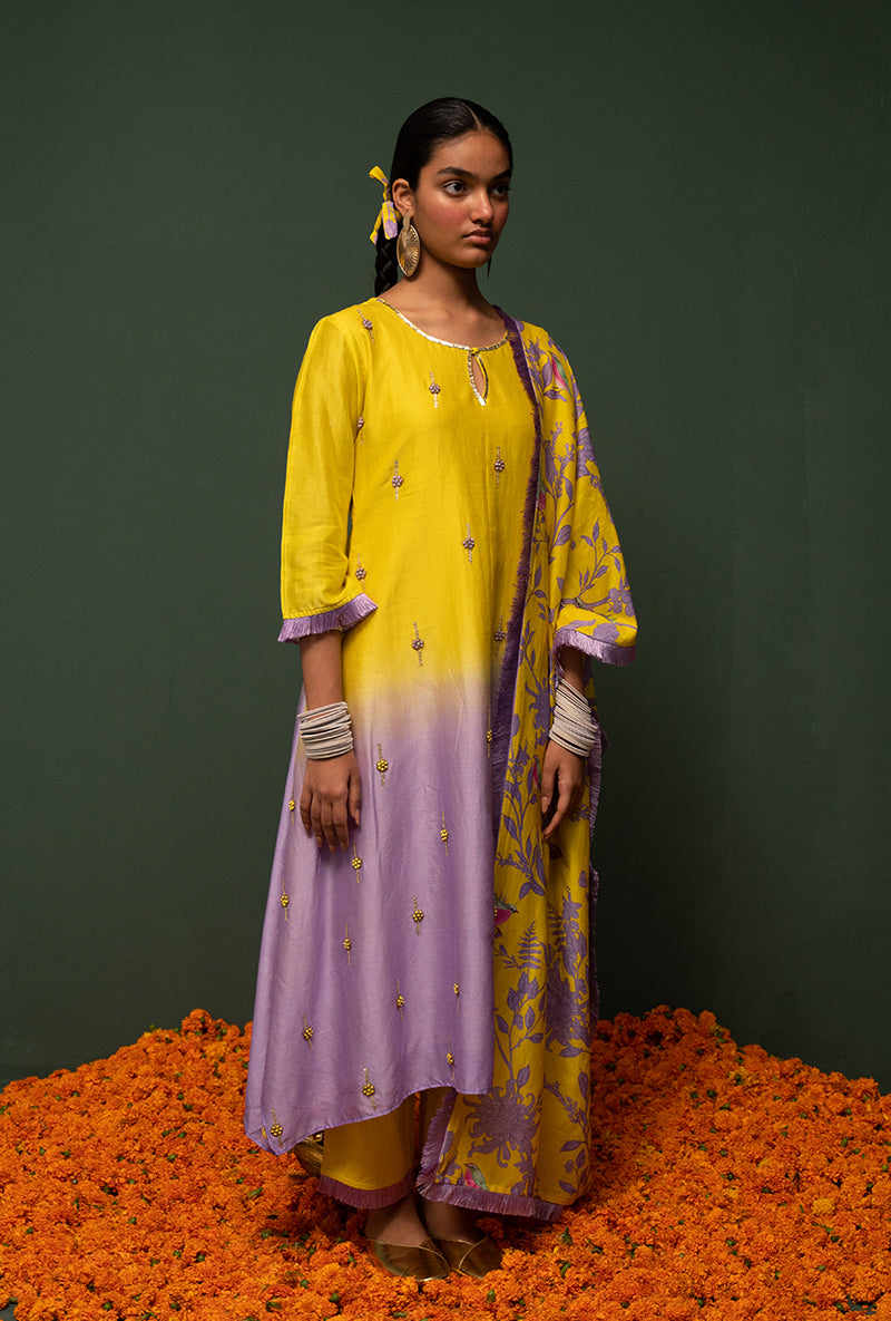 Yellow Ombre Asymmetrical Sasha Kurta Set