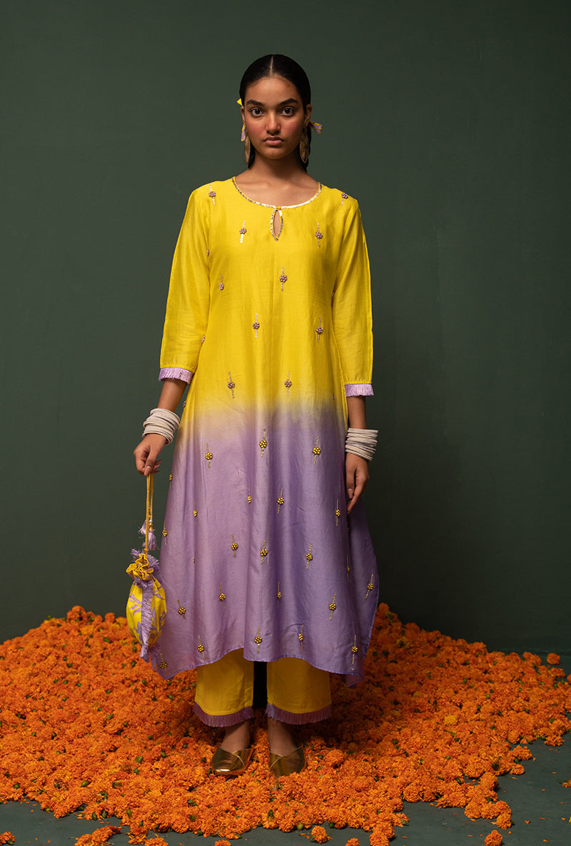 Yellow Ombre Asymmetrical Sasha Kurta Set