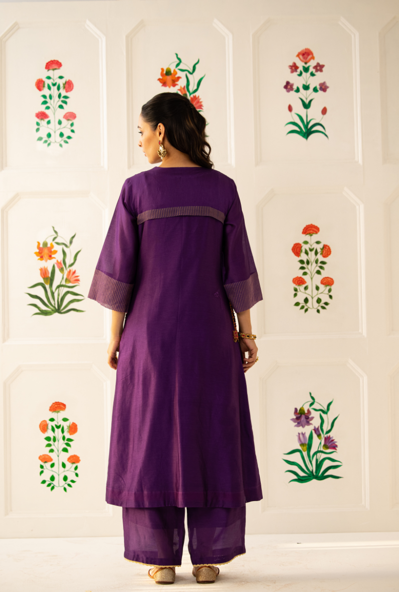 Purple Double Box Pleat Kishmish Kurta Set