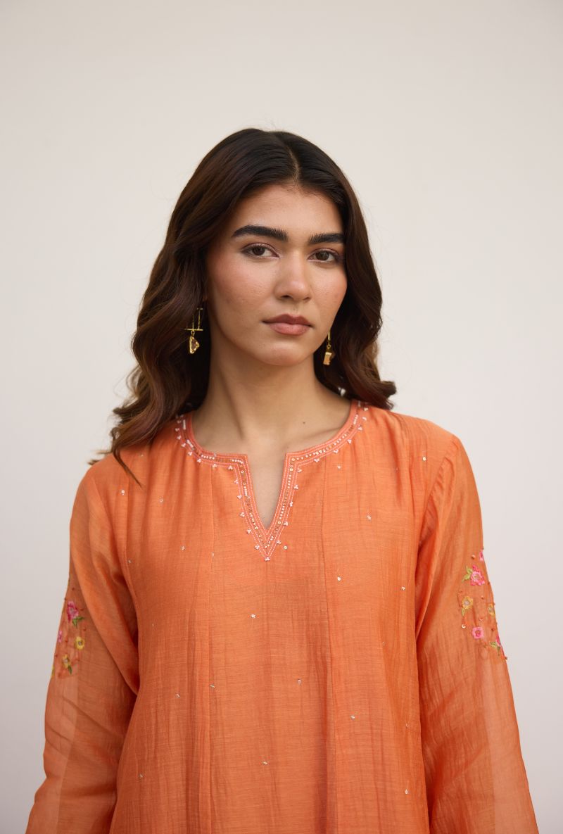 Orange Floral Embroidered with Applique Vaidehi Dress