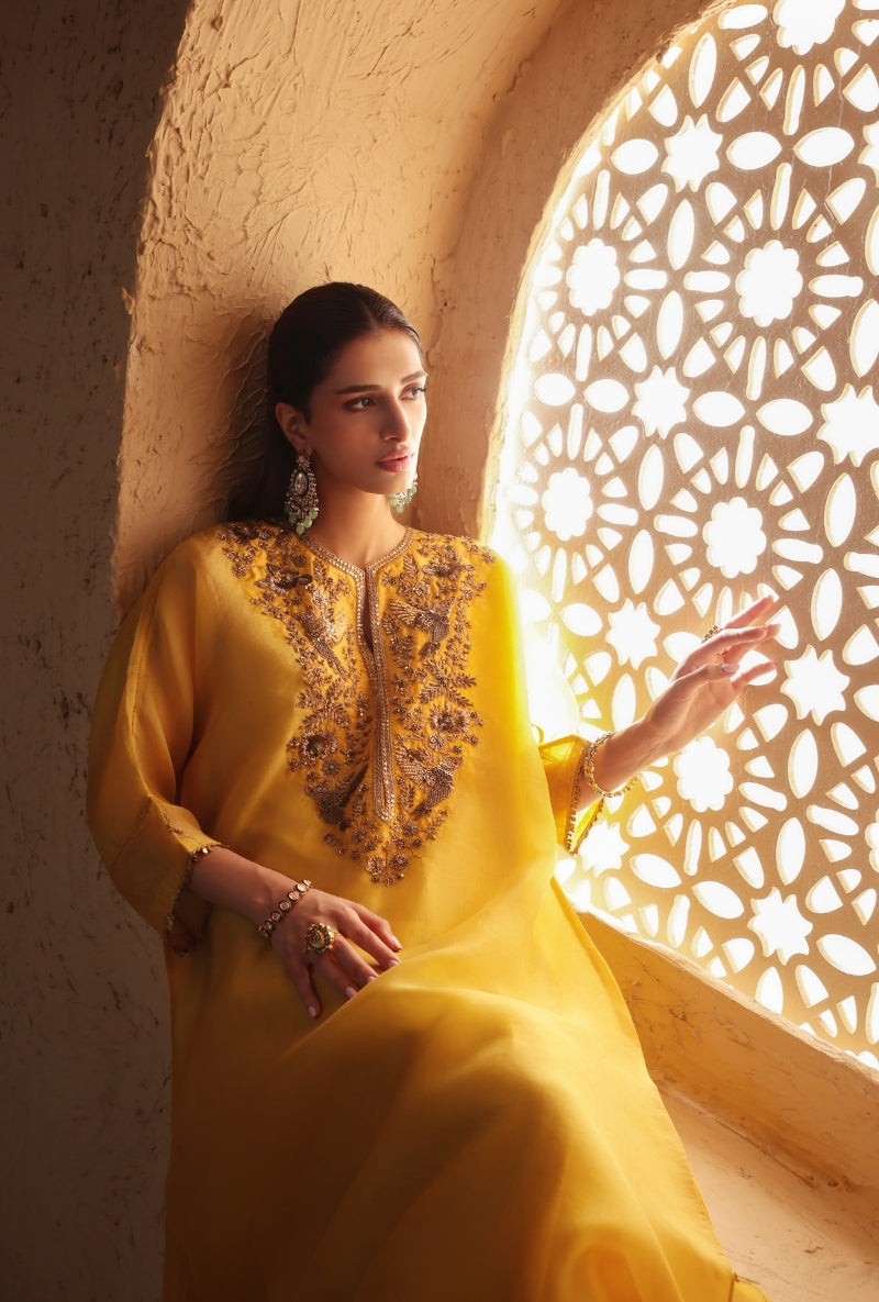 Yellow Heavy Yoke Kaftan Nihira Kurta Set