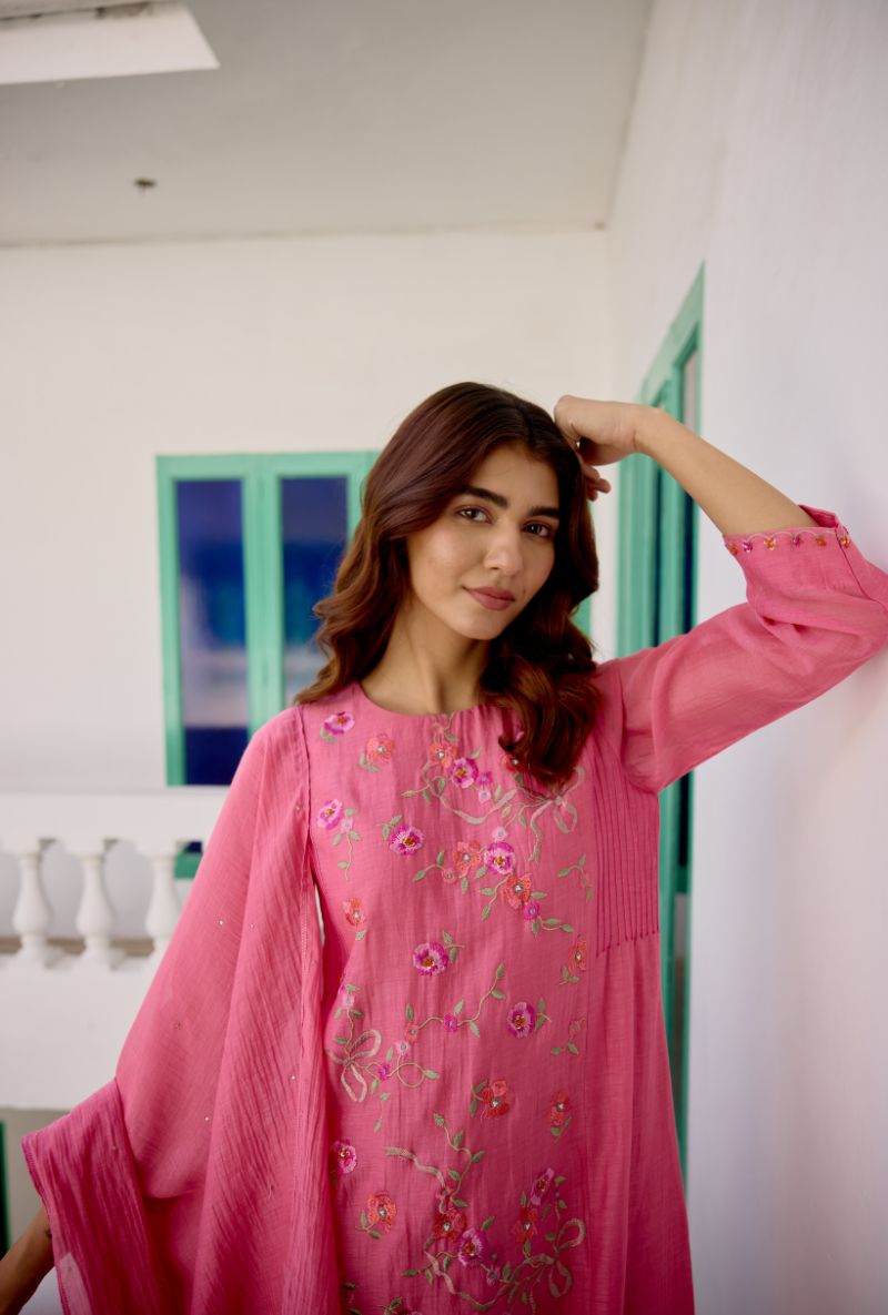 Pink Floral Embroidered &amp; Pintucks Vaidehi Kurta Set