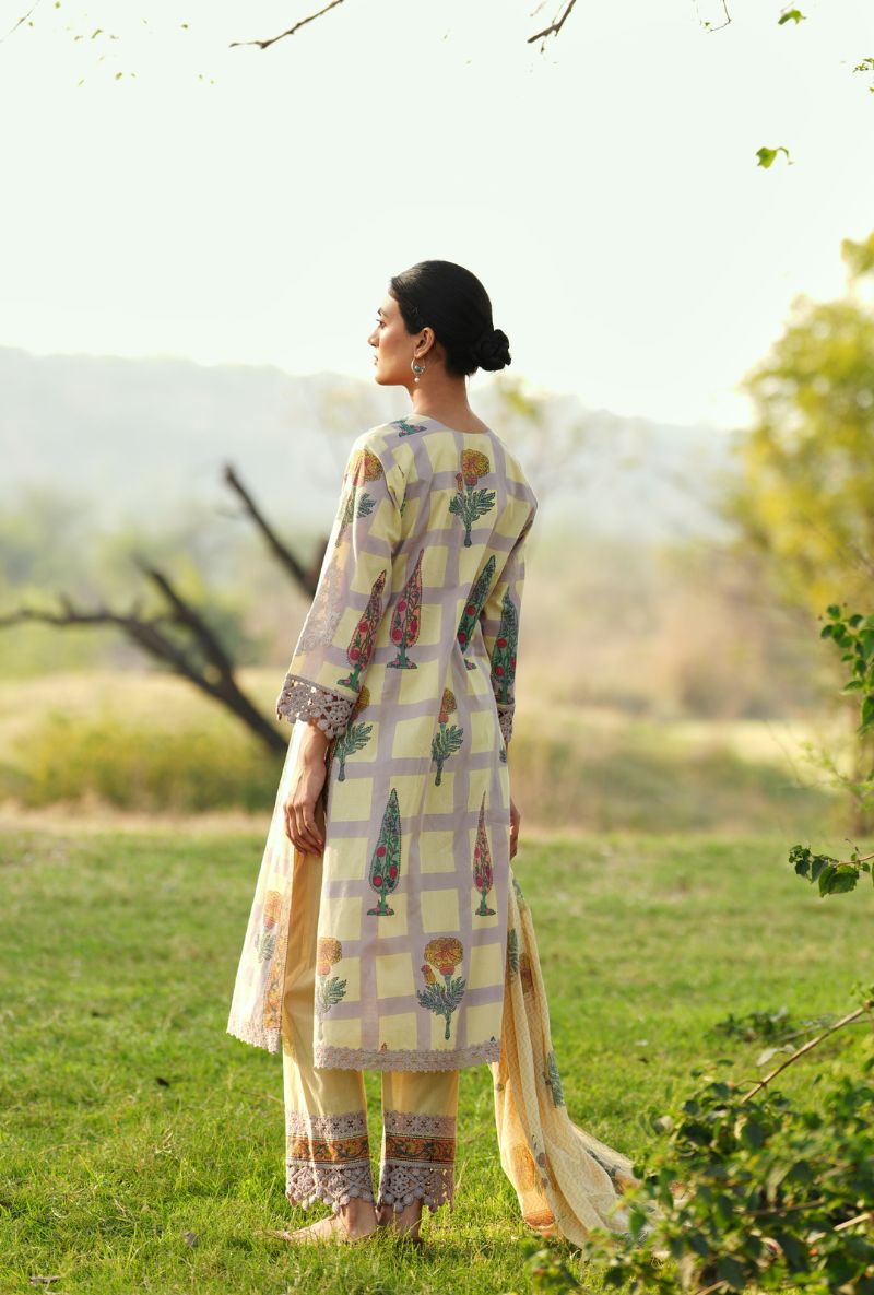 Light Yellow Handblock Check Straight Gulmohar Kurta Set