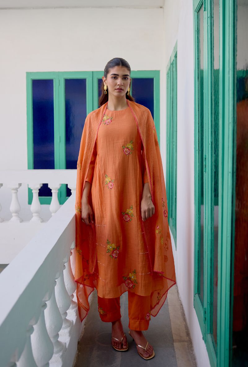 Orange Floral Embroidered Side Gather Vaidehi Kurta Set