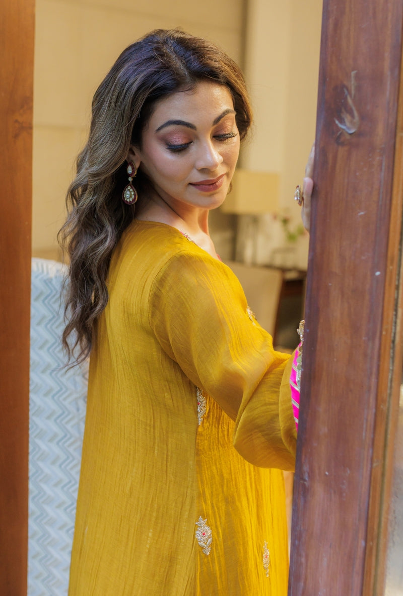 Meghna Nayyar in Mustard Heavy Yoke Block Print Kurta Set