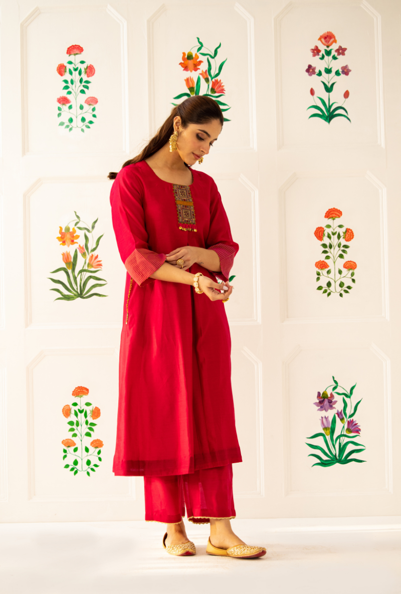 Pink Double Box Pleat Kishmish Kurta Set