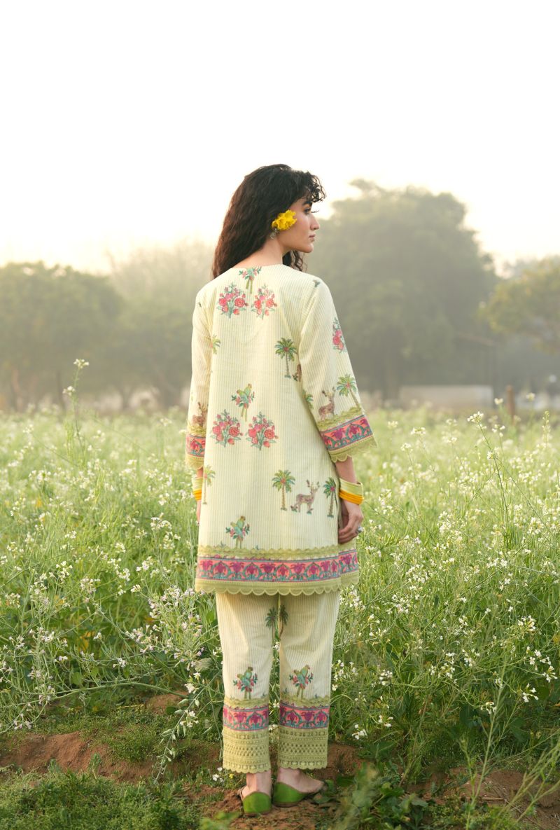 Pista Green Handblock Print Short Gulmohar Kurta Set