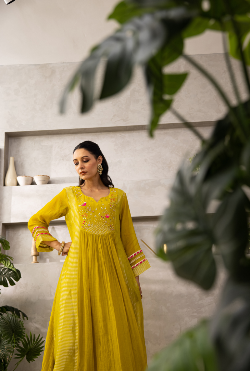 Lemon Yellow Pearl Gota Front Pleat Laado Kurta Set