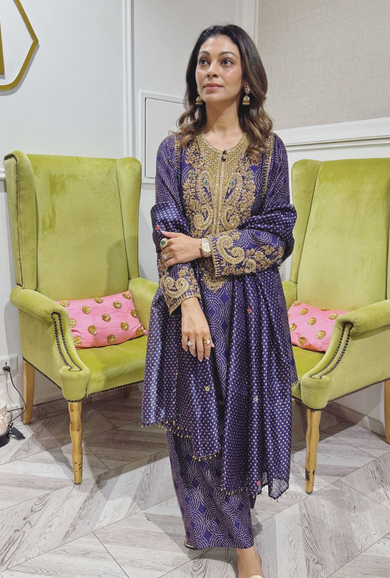 Meghna Nayyar in Purple Printed Pheran Short Kurta Set