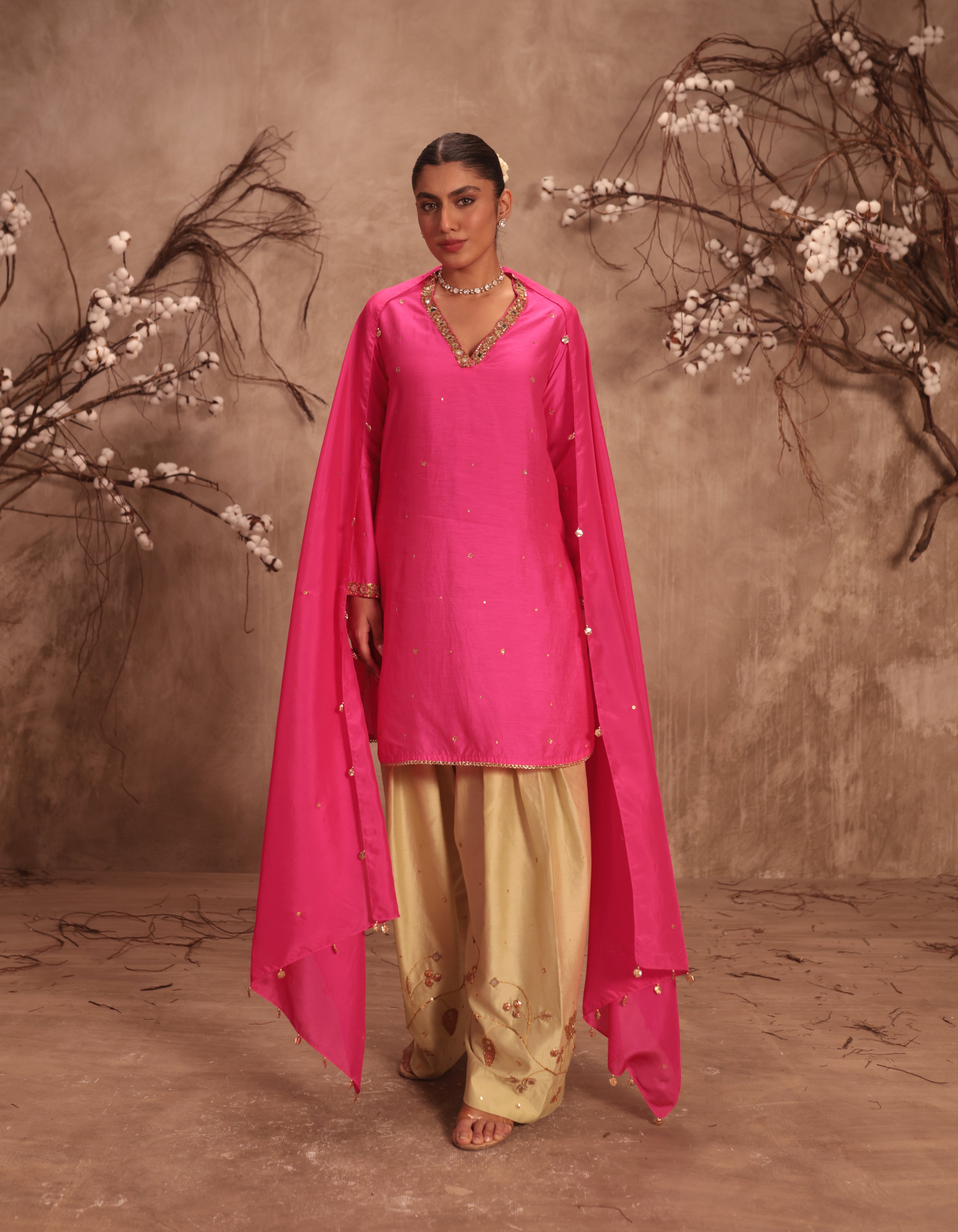 Hot Pink Jaal Rani Kurta Set