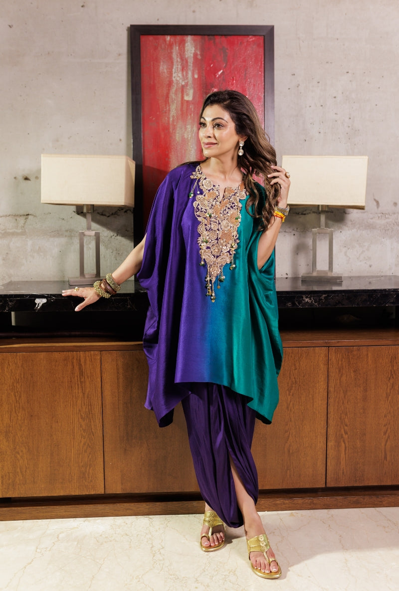 Meghna Nayyar in Purple &amp; Green Ombre Heavy Yoke Drape Dhoti Skirt Set
