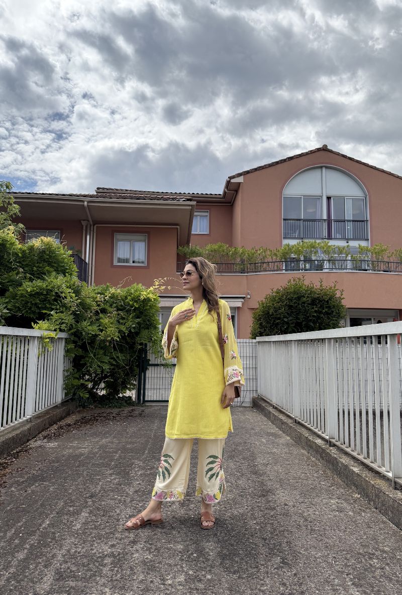 Meghna Nayyar Yellow Cutdana And Resham Work Angela Maple Kurta Set