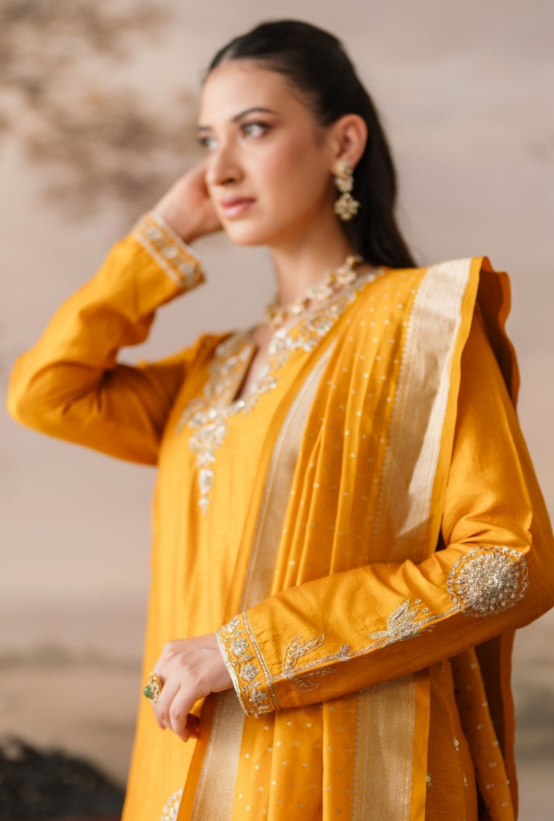 Mustard Zari Butti Embroidery Gulbano Kurta Set