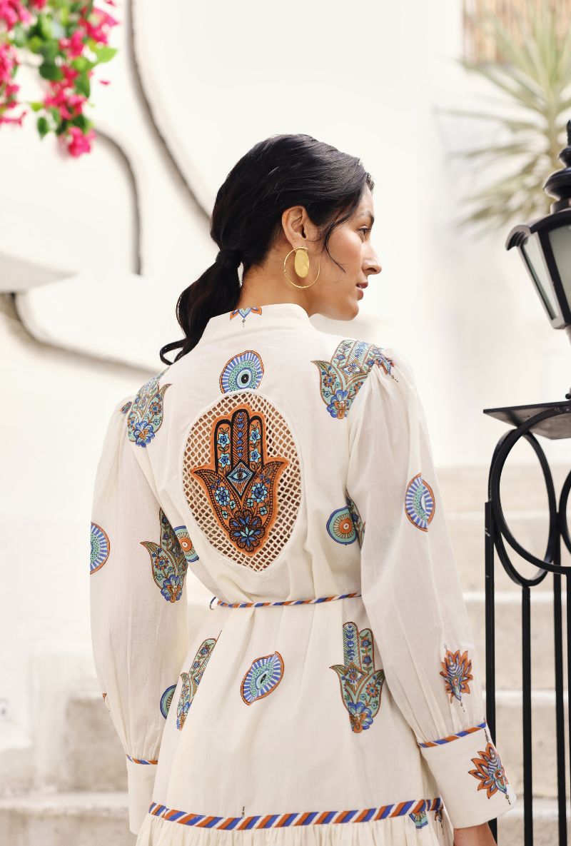 Ivory Hamza Print Gaze Short Dress