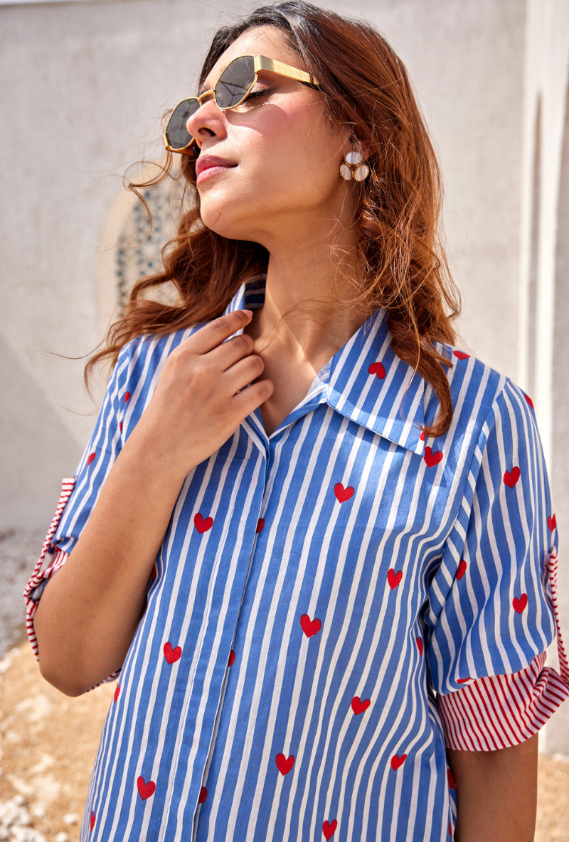 Blue Stripes And Heart Digital Print Peony Co-Ord Set