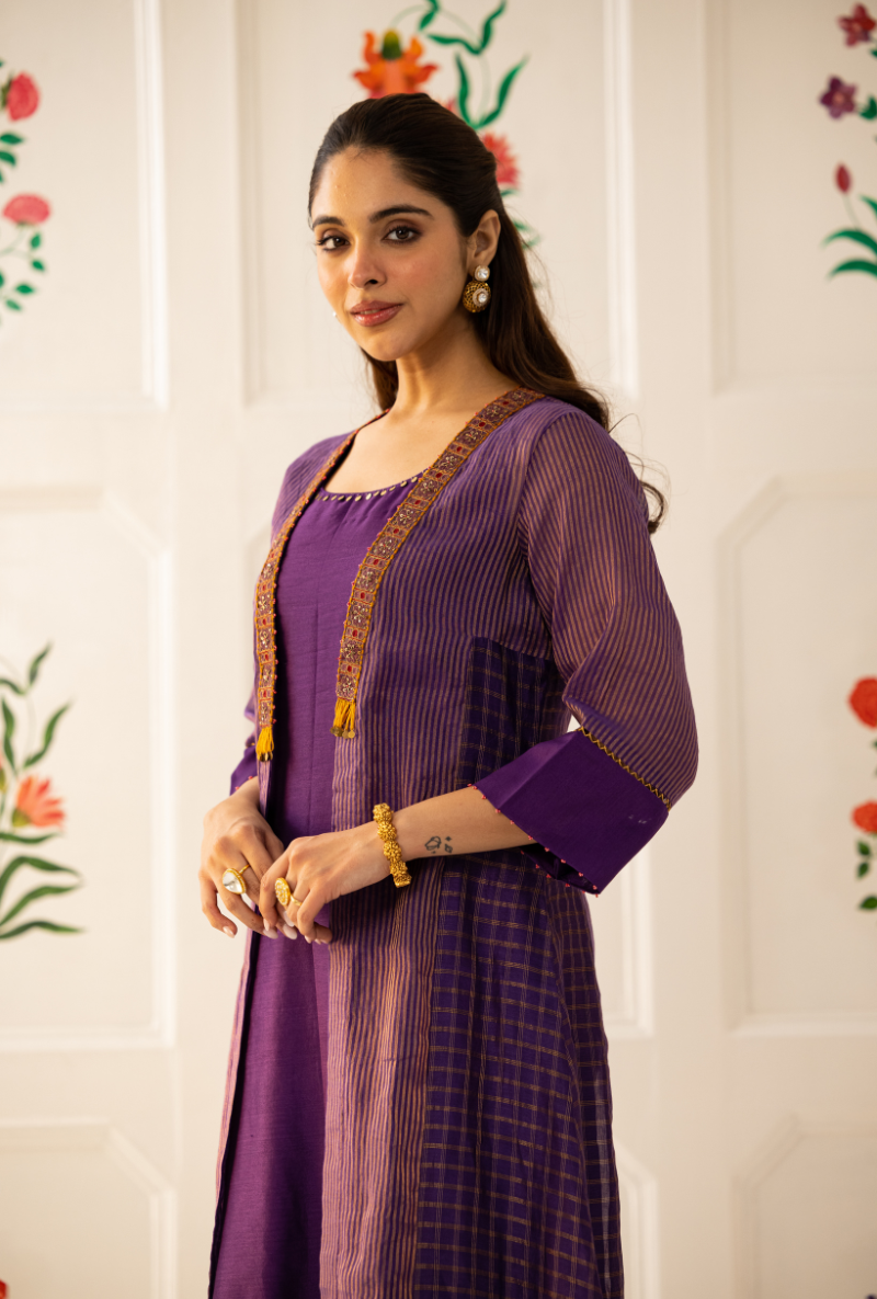 Purple Check And Stripe Kishmish Jacket Set