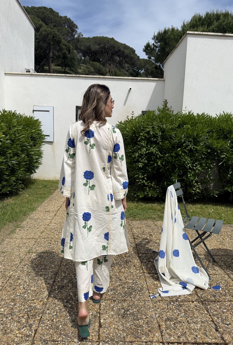 Meghna Nayyar in Off White Rose Print Bulbul Kurta Set