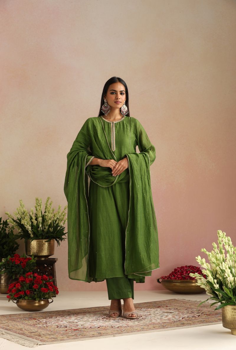 Olive Green Cheeta Work Itrh Kurta Set
